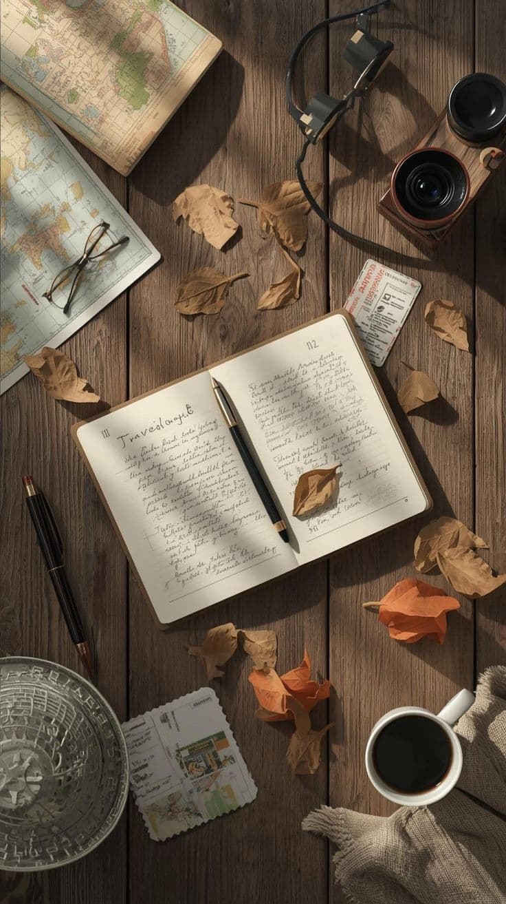 An open journal, pen and camera on a wooden desk