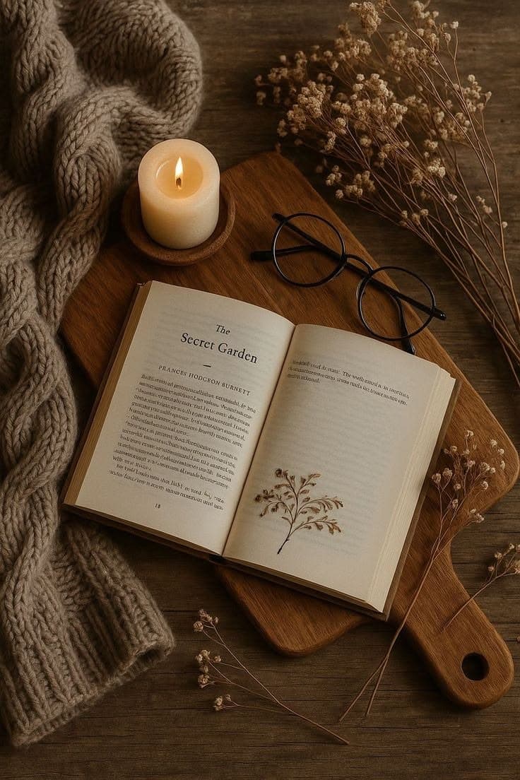 An open book on a board beside a lit candle and glasses