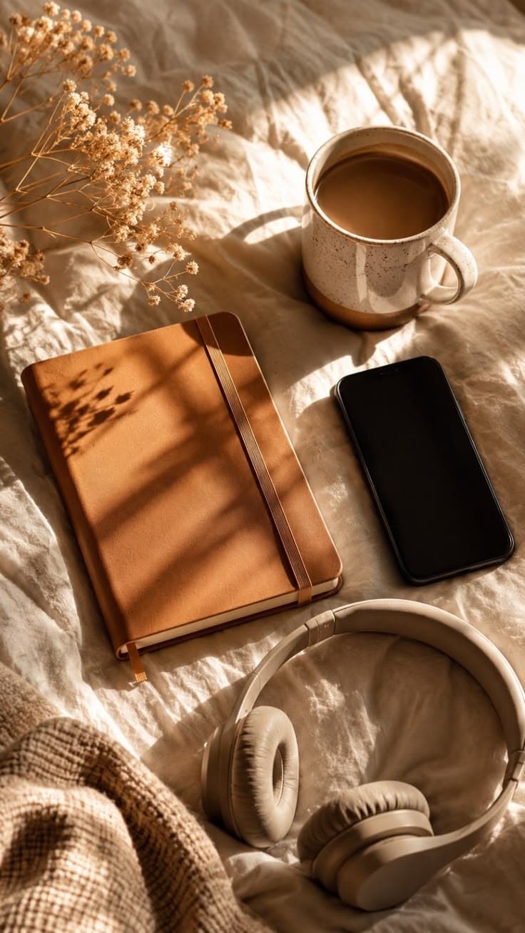 A notebook, phone, coffee and headphones in morning light